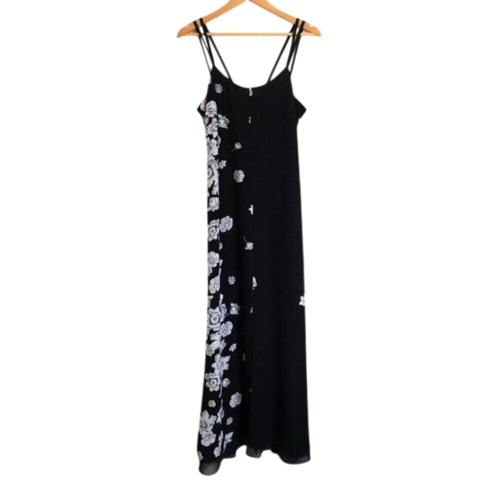 Ann Taylor Asymmetry Floral Maxi Dress Slit Front Navy/White Size 10